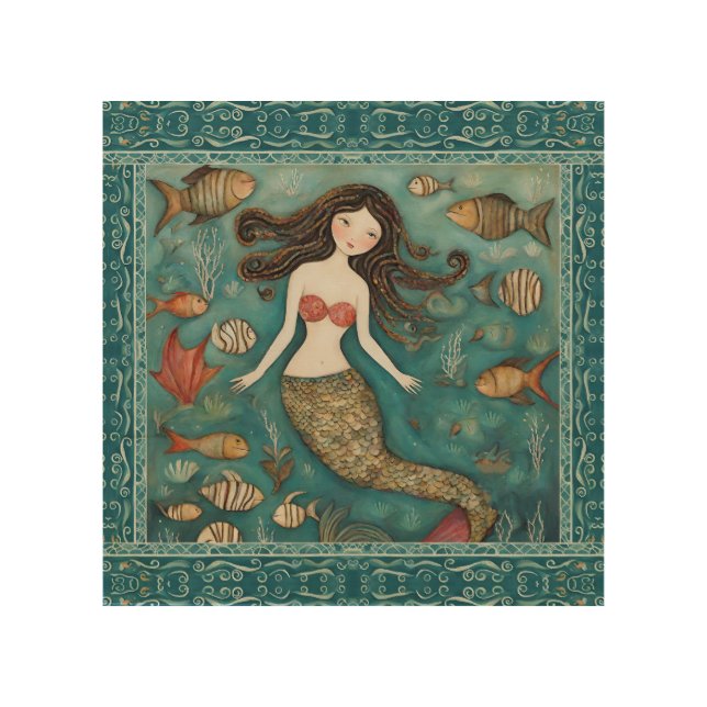 Mermaid Watercolor  Wood Wall Art (Front)