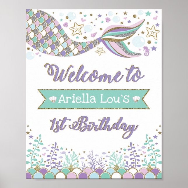 Mermaid Welcome Sign 1st Birthday Decor Sea Ocean (Front)