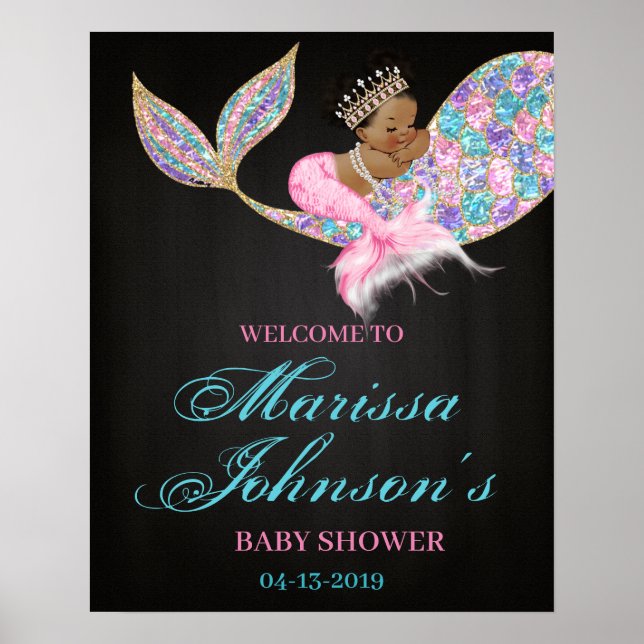 Mermaid Welcome Sign Baby Shower African American (Front)