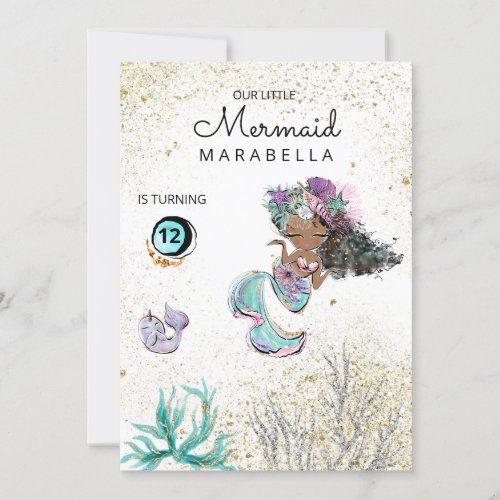  Mermaid Whale Black Hair Birthday Invitation