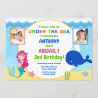 Mermaid Whale Joint Birthday Invitation Twin