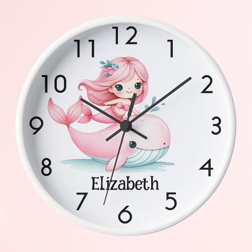 Mermaid whale pink girl name clock