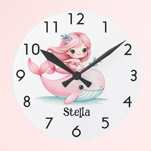 Mermaid whale pink girl name underwater round clock