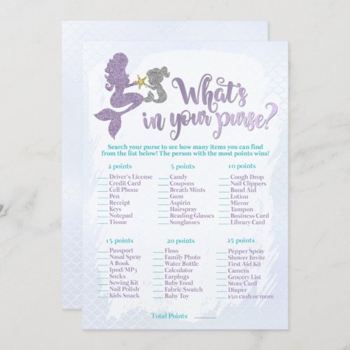 Mermaid Whats in your purse baby shower game card