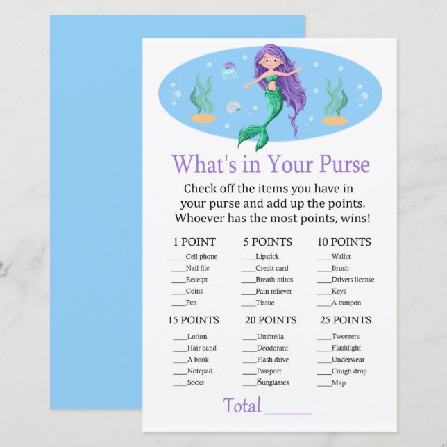 Mermaid What's in your purse game baby shower (Front/Back)