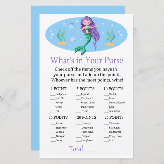 Mermaid What's in your purse game baby shower (Front/Back)