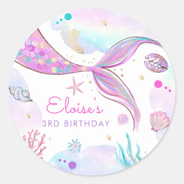 Mermaid Whimsical Under The Sea Birthday Party Classic Round Sticker (Front)