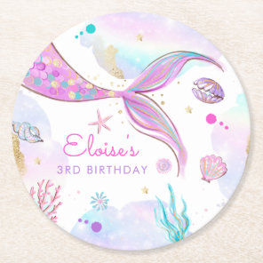 Mermaid Whimsical Under The Sea Birthday Party Round Paper Coaster