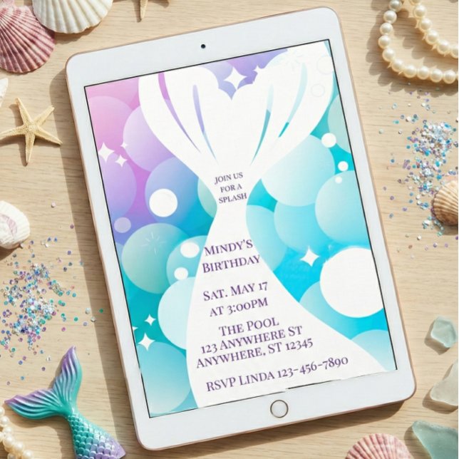 Mermaid White Out and Bubbles Birthday Invitation (Creator Uploaded)