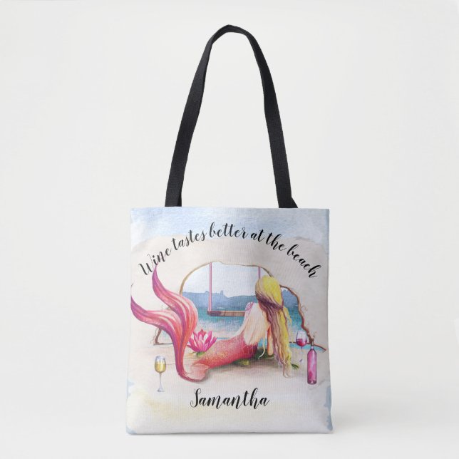 Mermaid Wine Tastes Better at Beach Personalized Tote Bag (Front)