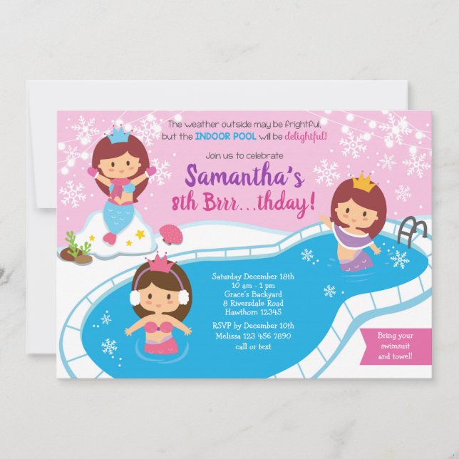 Mermaid Winter Pool Birthday Invitation (Front)