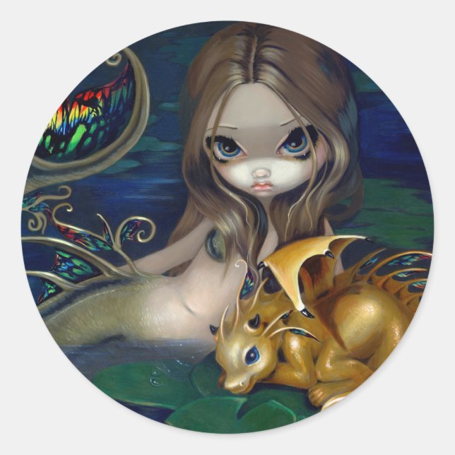"Mermaid with a Golden Dragon" Stciker Classic Round Sticker (Front)