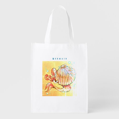 Mermaid with a Sea Shell Drawing Grocery Bag