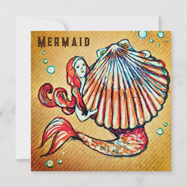 Mermaid with a Sea Shell Drawing Holiday Card (Front)