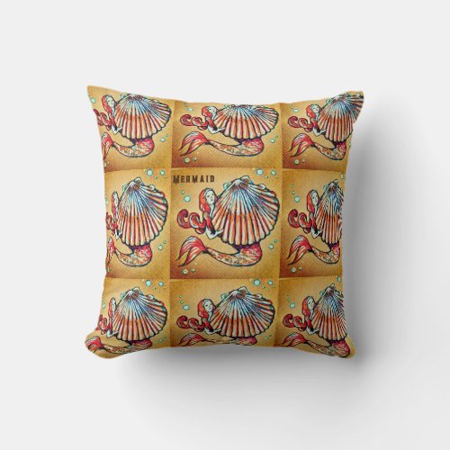 Mermaid with a Sea Shell Drawing Throw Pillow