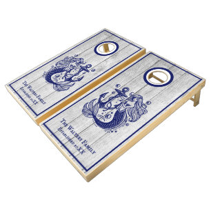Mermaid with Anchor Family Name Estd White Wood BG Cornhole Set