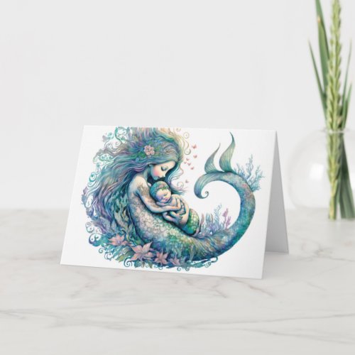 Mermaid with Baby Watercolor New infant Shower  Card