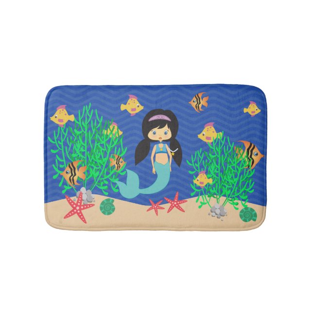 Mermaid With Black Hair Under The Sea Bathroom Mat (Front)