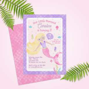 Mermaid with Blonde Hair Pink Purple Cute Birthday Invitation