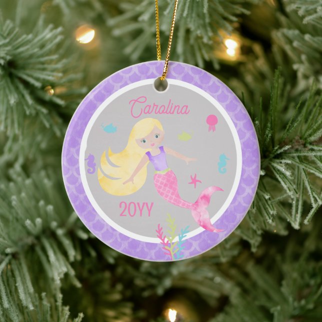 Mermaid with Blonde Hair Pink & Purple Keepsake Ceramic Ornament (Tree)