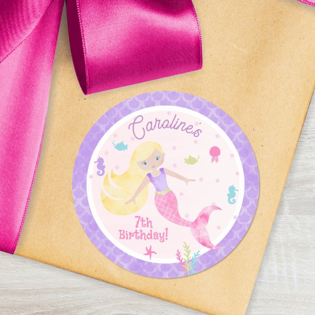 Mermaid with Blonde Hair & Sea Creatures Birthday Classic Round Sticker (Creator Uploaded)