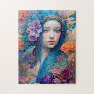 Mermaid with Blue Hair Flowers and Flying Fish Jigsaw Puzzle