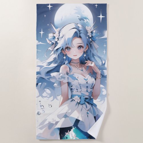 Mermaid with Blue Hair in a Blue Dress Beach Towel