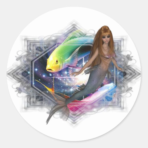 Mermaid with Colorful Fish Background Classic Round Sticker