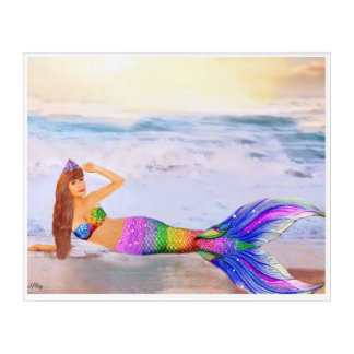 Mermaid with colorful outfit on beach wall art