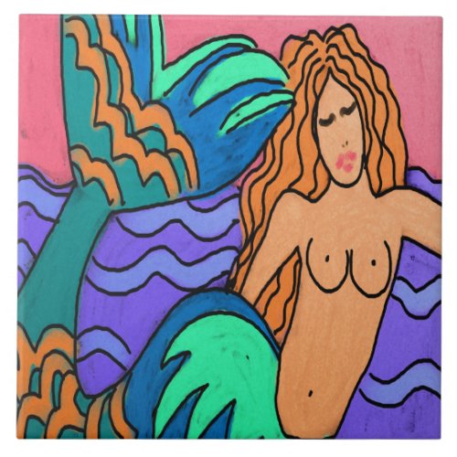 Mermaid with Colorful Tail Abstract Art Ceramic Tile
