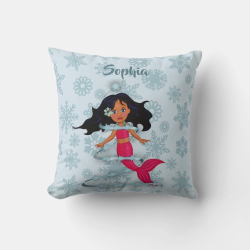 Mermaid with Dark Hair Blue Snowflakes Cute Stars Throw Pillow