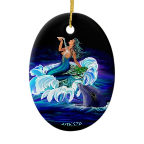 Mermaid with Dolphin Ceramic Ornament
