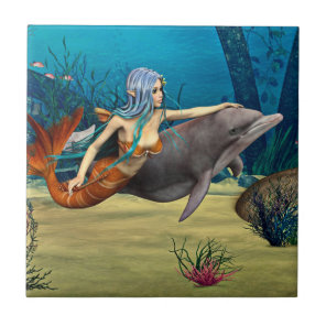 Mermaid with Dolphin Ceramic Tile
