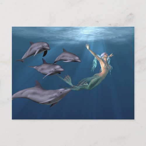 Mermaid With Dolphin Friends Ocean Postcard