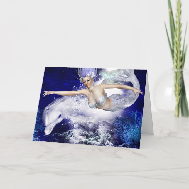 Mermaid with Dolphin Greeting Card (Front)