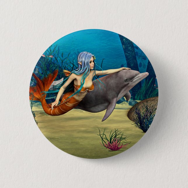 Mermaid with Dolphin Pinback Button (Front)