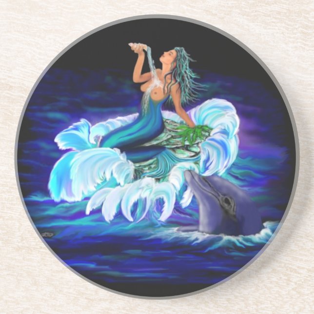 Mermaid with Dolphin Sandstone Coaster (Front)