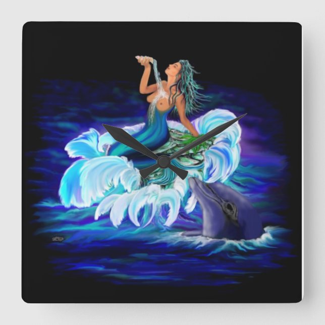 Mermaid with Dolphin Square Wall Clock (Front)
