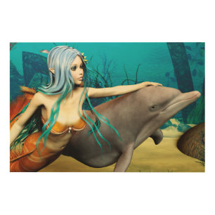 Mermaid with Dolphin Wood Wall Art
