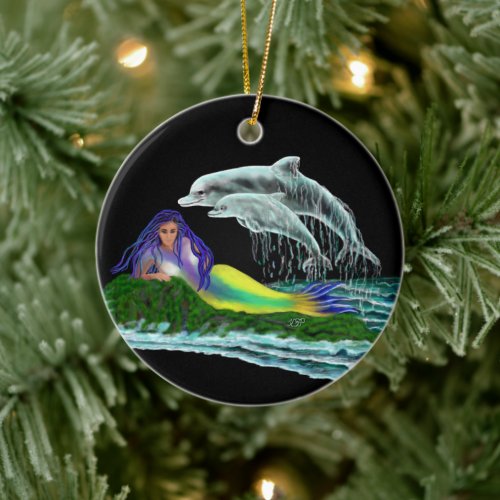 Mermaid with Dolphins Ceramic Ornament