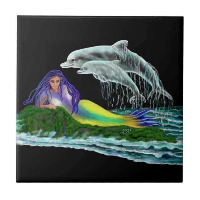 Mermaid with Dolphins Ceramic Tile (Front)