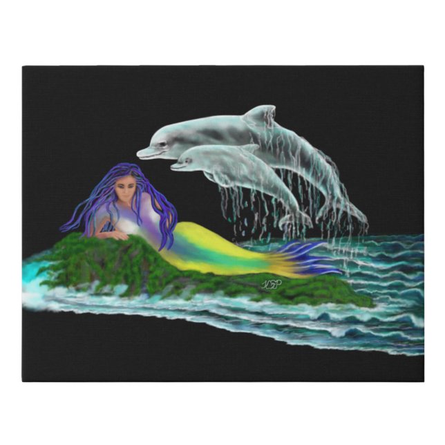 Mermaid with Dolphins Faux Canvas Print (Front)