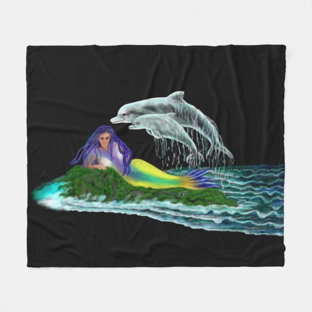 Mermaid with Dolphins Fleece Blanket (Front (Horizontal))