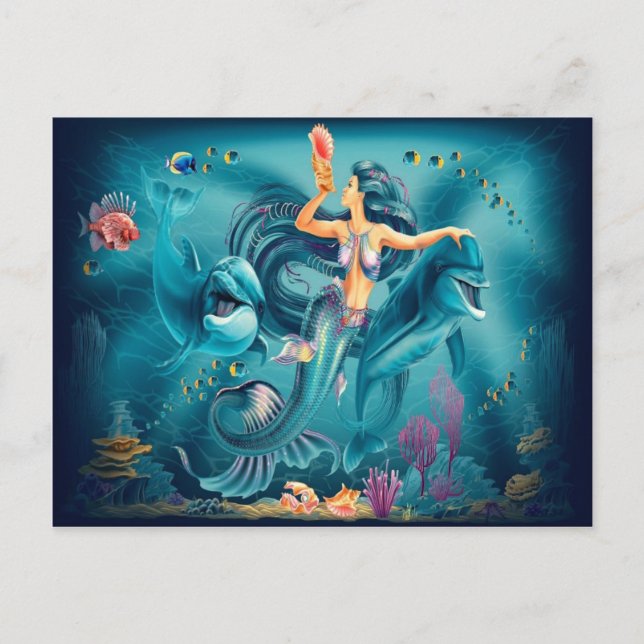 Mermaid With Dolphins Postcard (Front)
