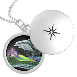 Mermaid with dolphins silver plated necklace