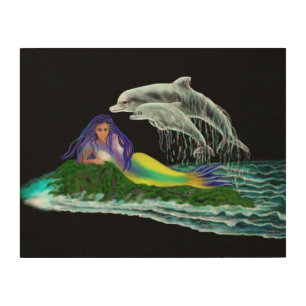Mermaid with Dolphins Wood Wall Art