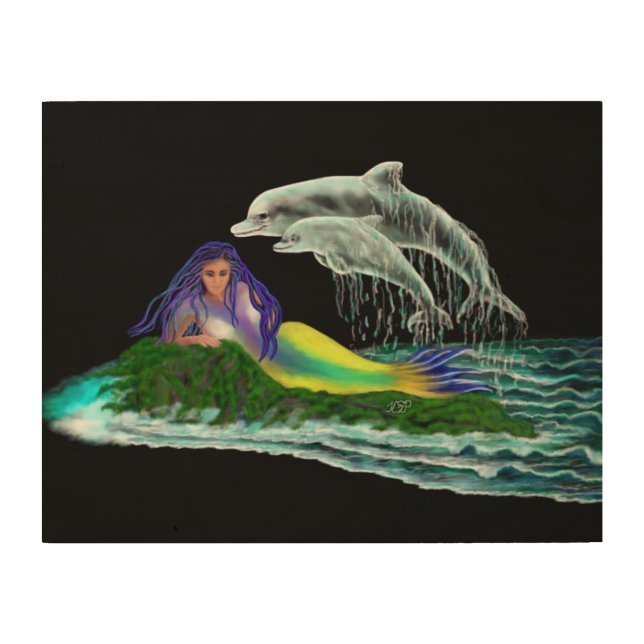 Mermaid with Dolphins Wood Wall Art (Front)