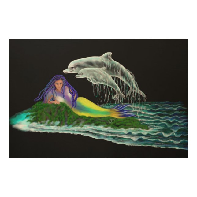 Mermaid with Dolphins Wood Wall Art (Front)