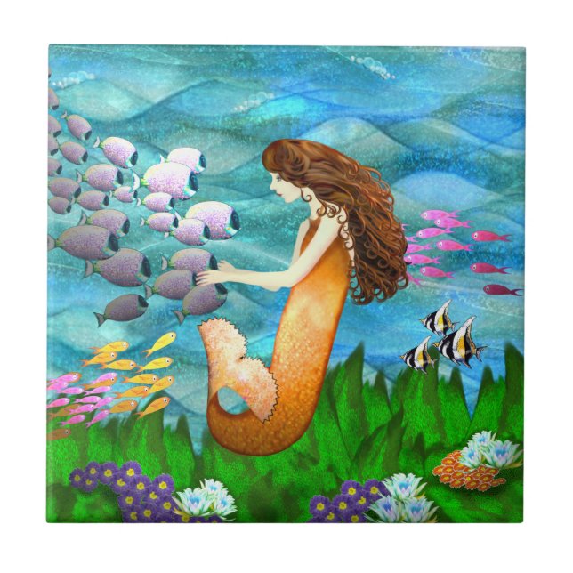 Mermaid with Fish Ceramic Tile (Front)