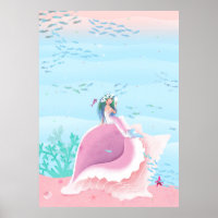 Mermaid with flower crown children’s illustration poster